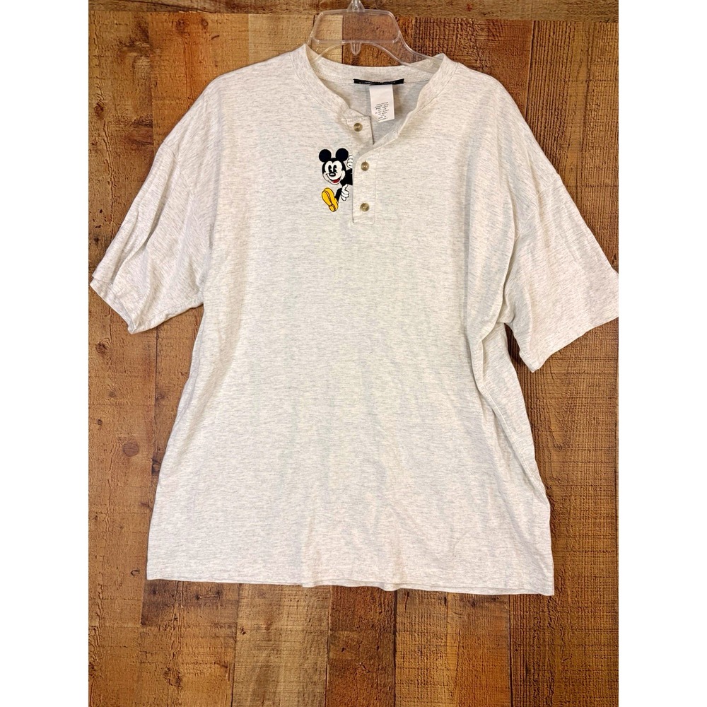 VTG Disney Originals Mickey Mouse Henley L/XL Gray Embroidered Cotton Retro